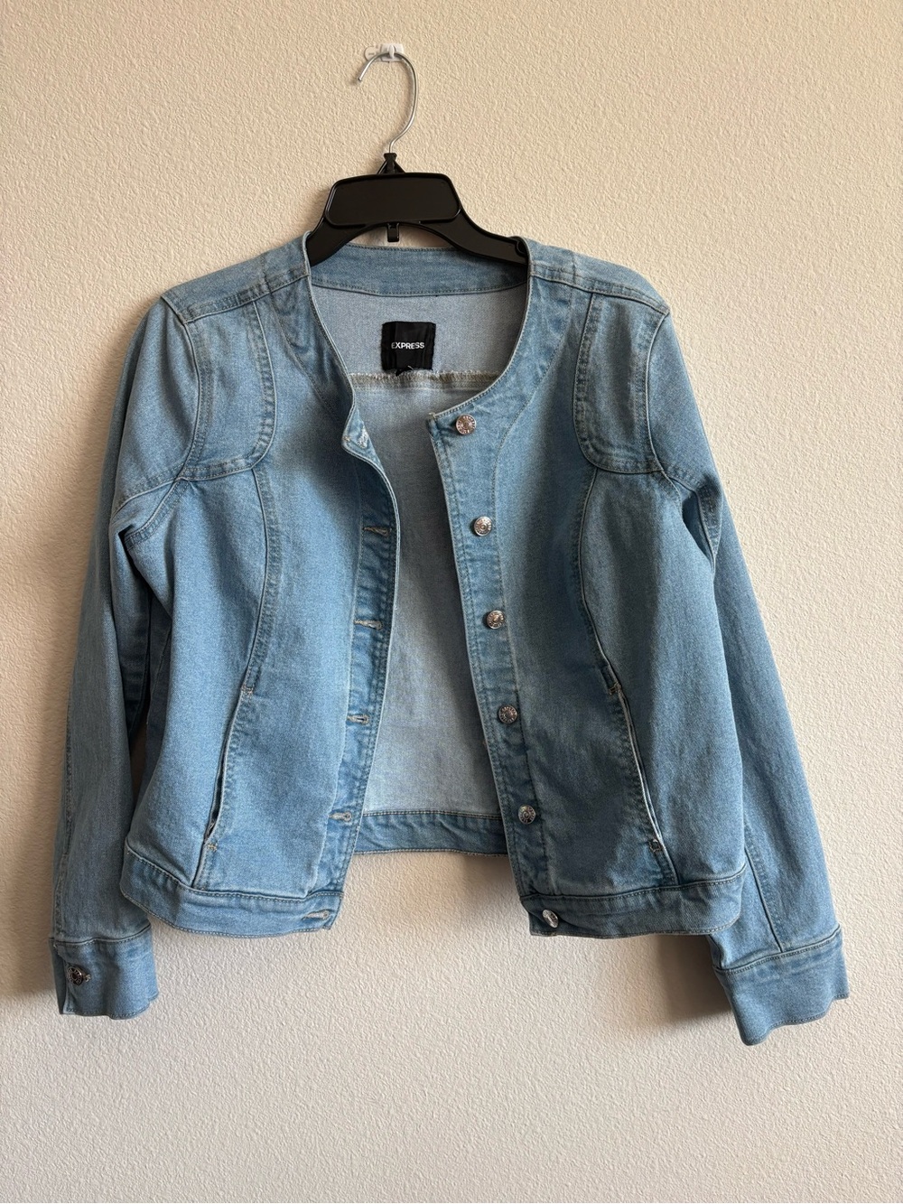 Express Light Wash Collarless Denim Jacket